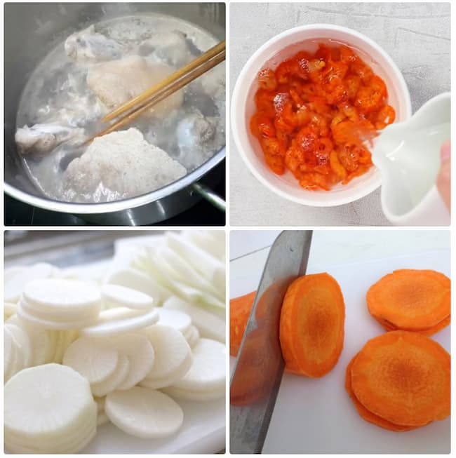 Sơ chế củ cải, tôm, củ cải trắng, cà rốt