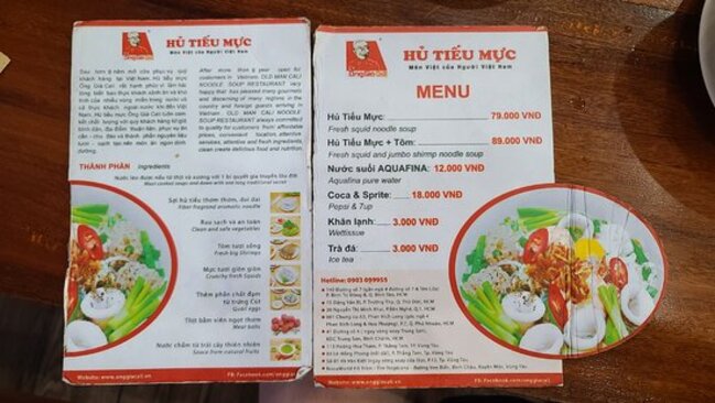 Menu hủ tiếu mực Ông Già